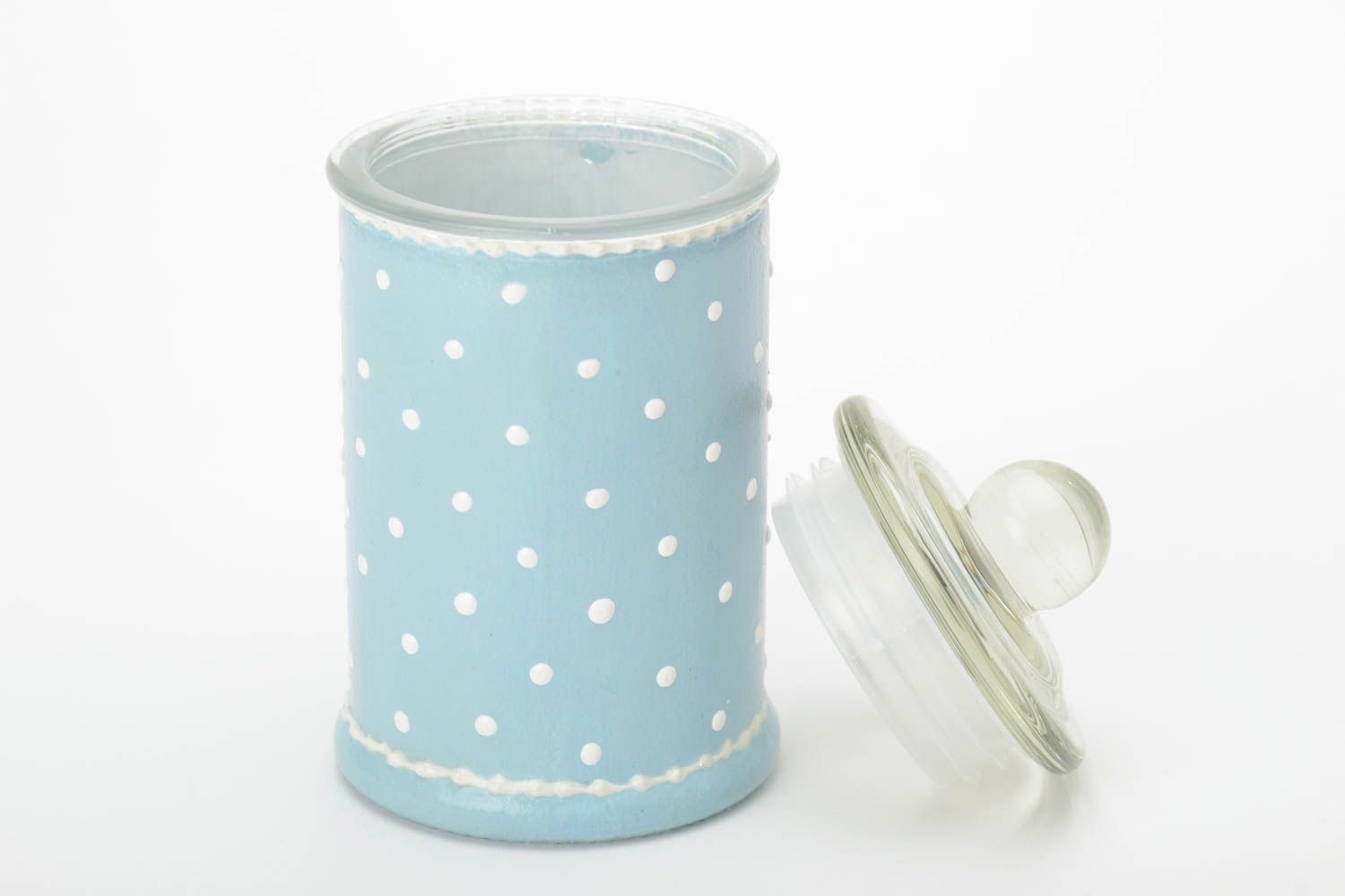 Petit pot de cuisine en verre bleu avec couvercle fait main décoré serviettage photo 4