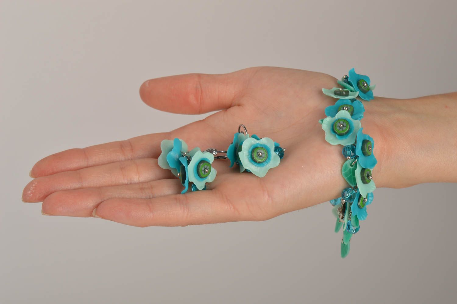 Parure Bijoux floraux bleus faits main bracelet boucles d'oreilles Cadeau femme photo 2