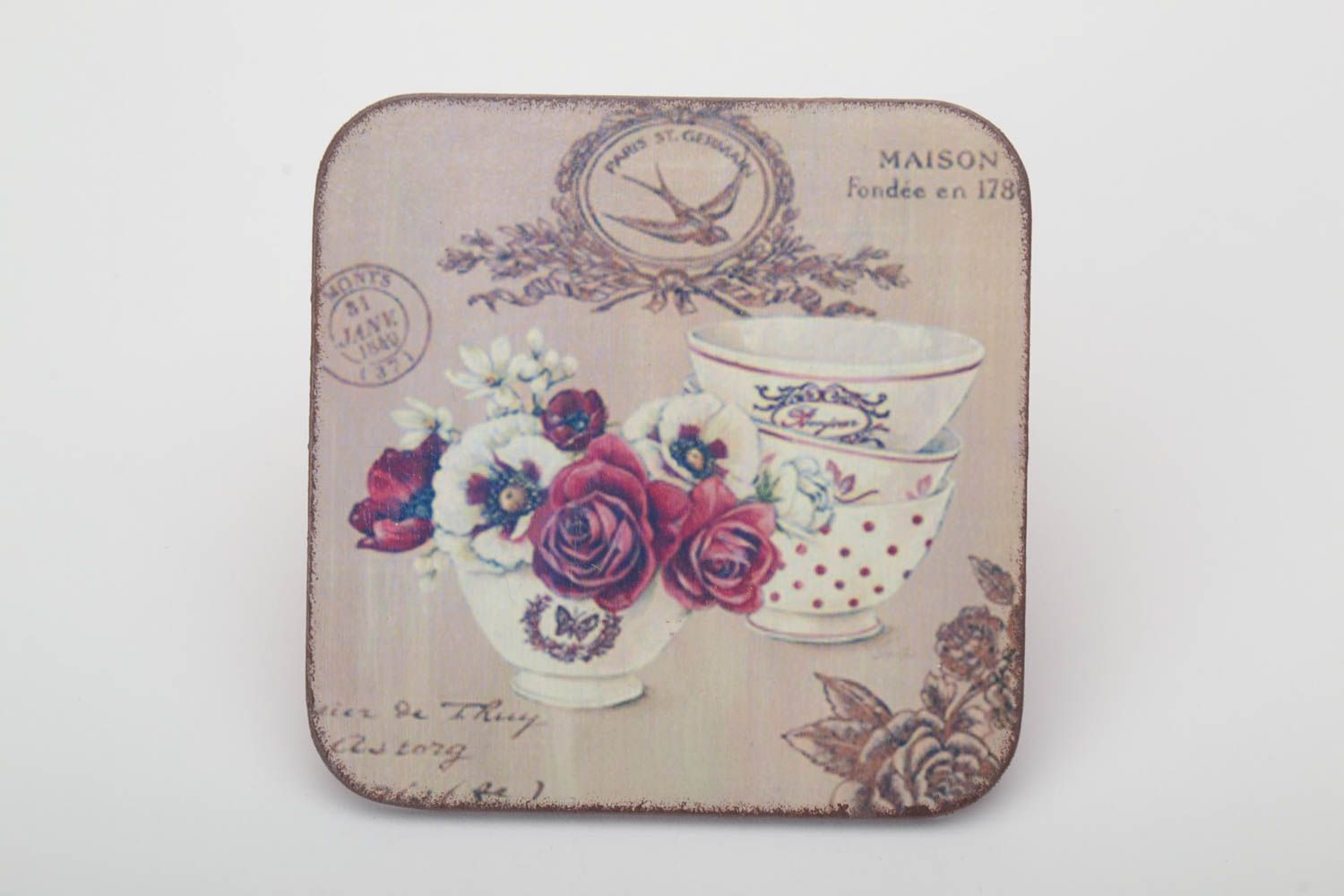 Beautiful homemade decoupage plywood coaster for hot cup or glass photo 2