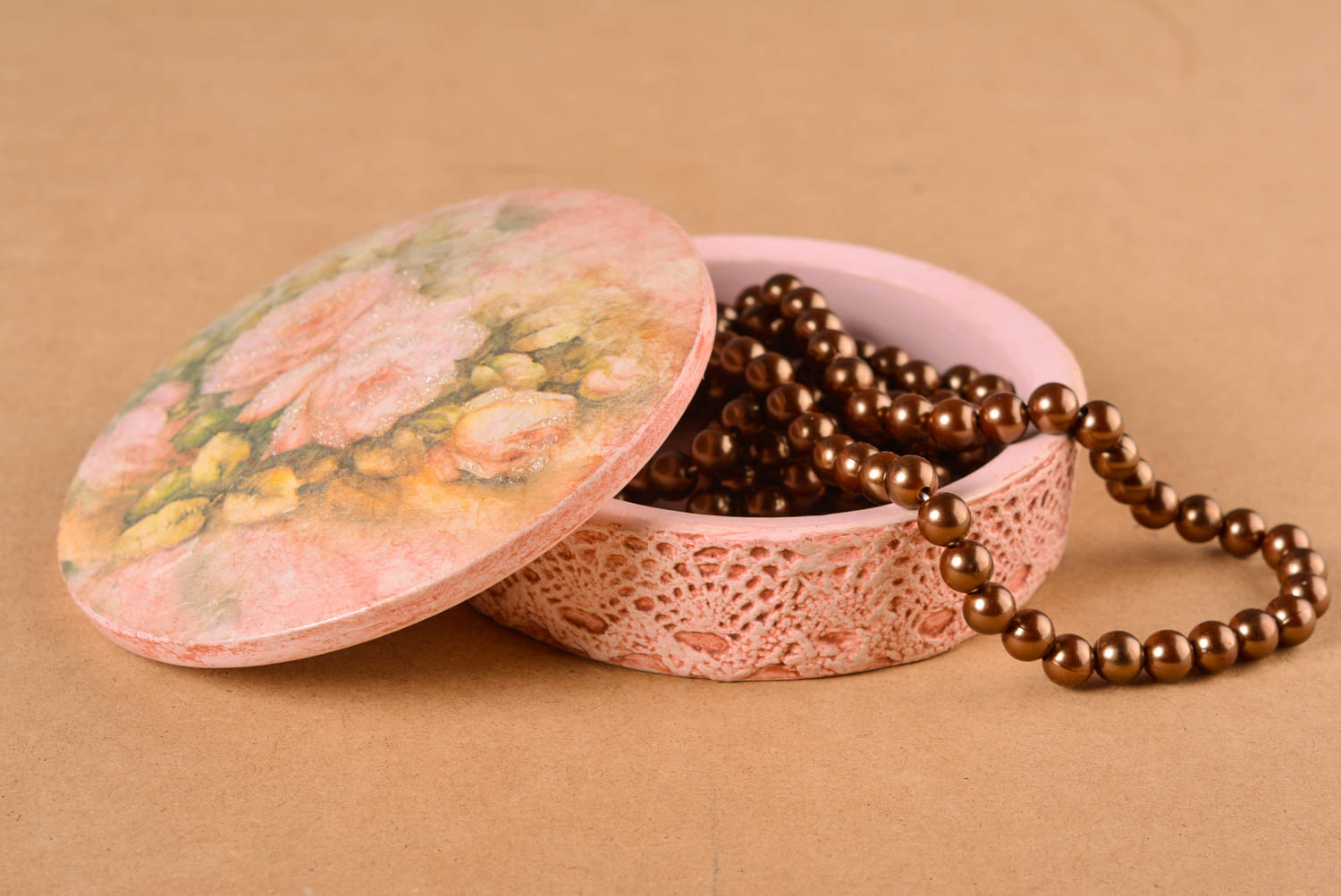 Шкатулка для украшений шкатулка ручной работы шкатулка декупаж круглая розовая фото 1