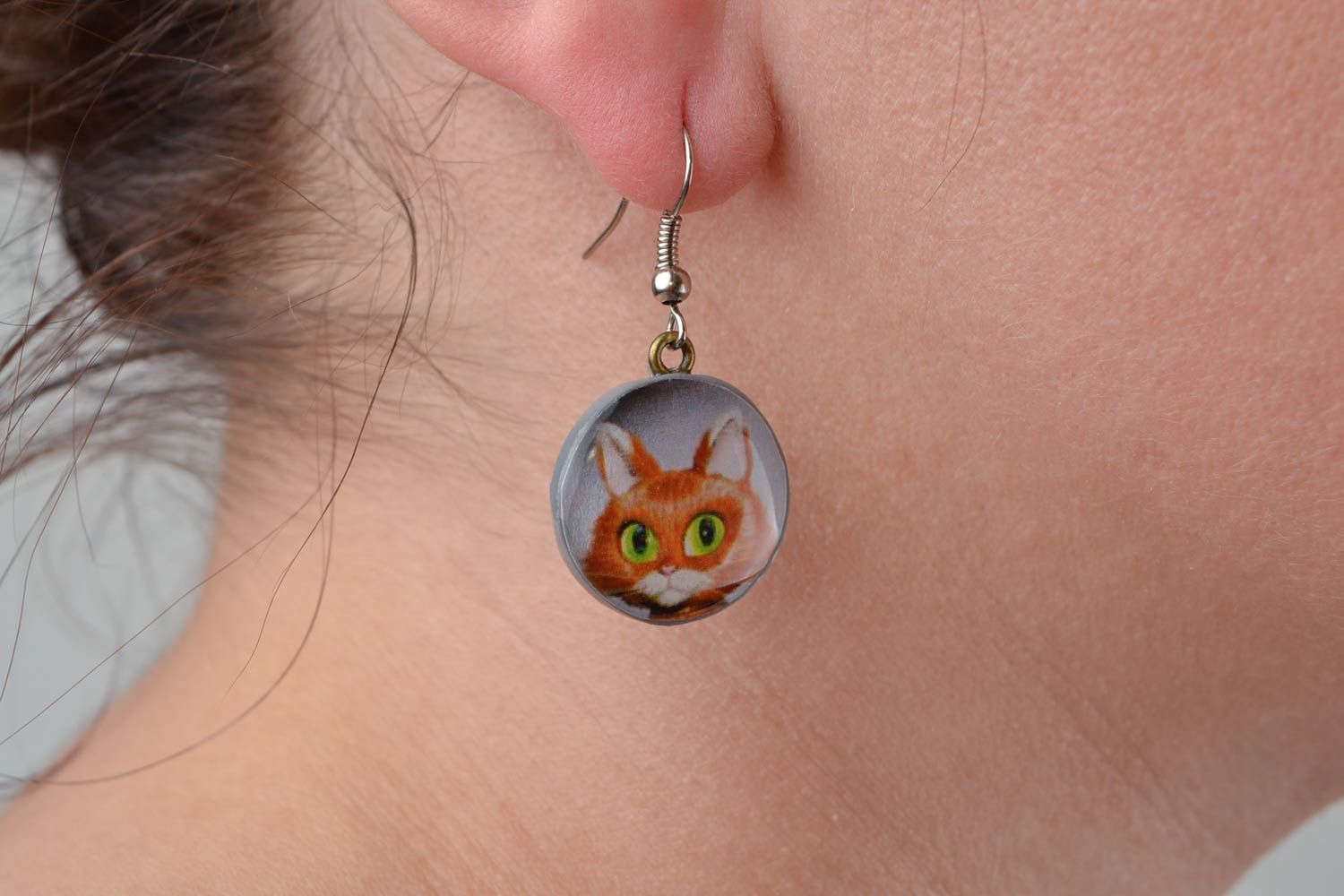 Handmade designer funny round polymer clay decoupage earrings with red cats photo 2