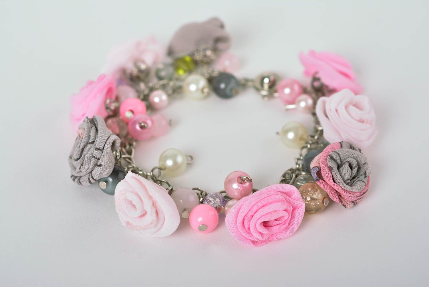 Handmade pink cute bracelet unusual textile bracelet beaded wrist jewelry photo 1