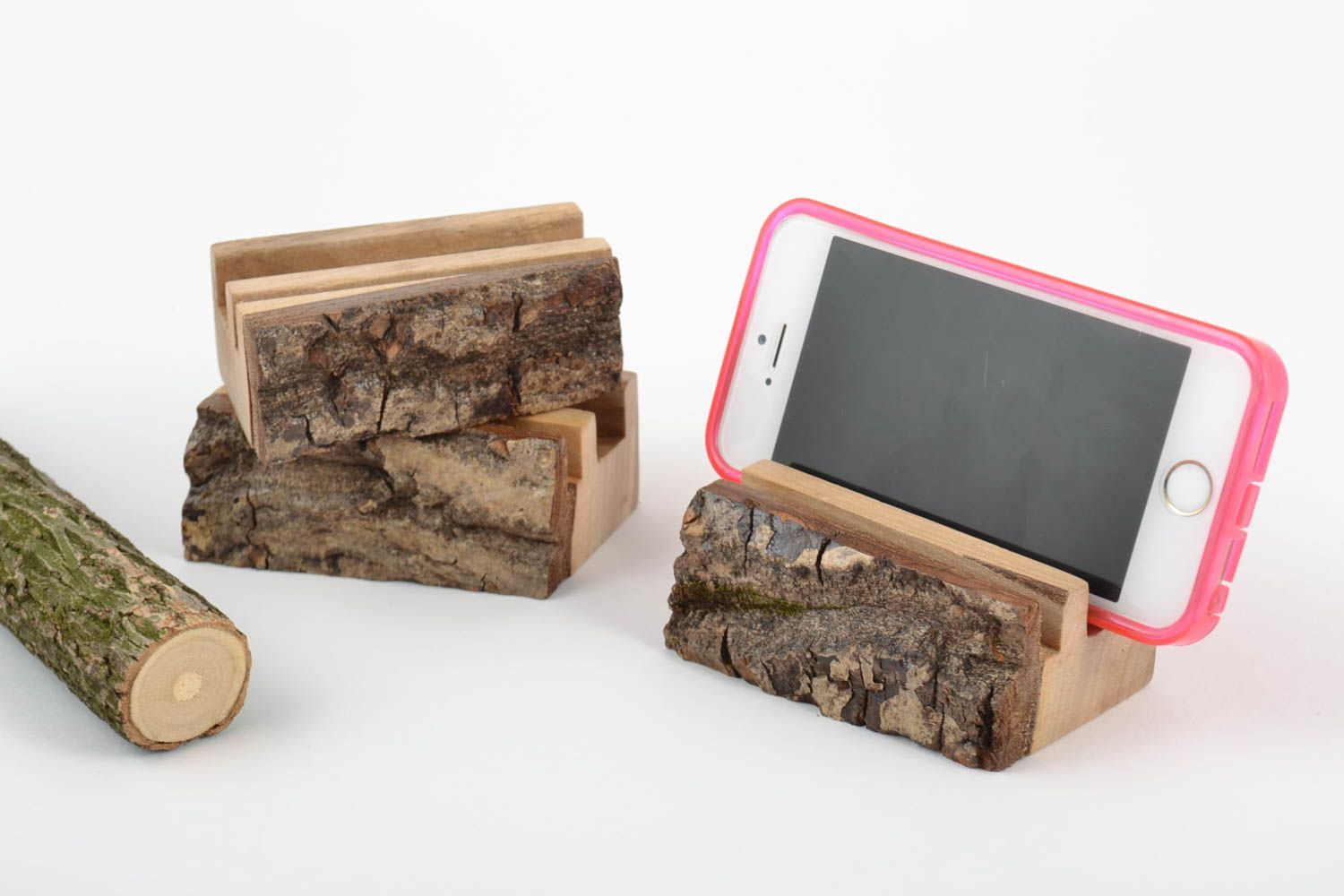 Supports pour téléphone portable en bois ensemble 3 pièces faits main originaux photo 1