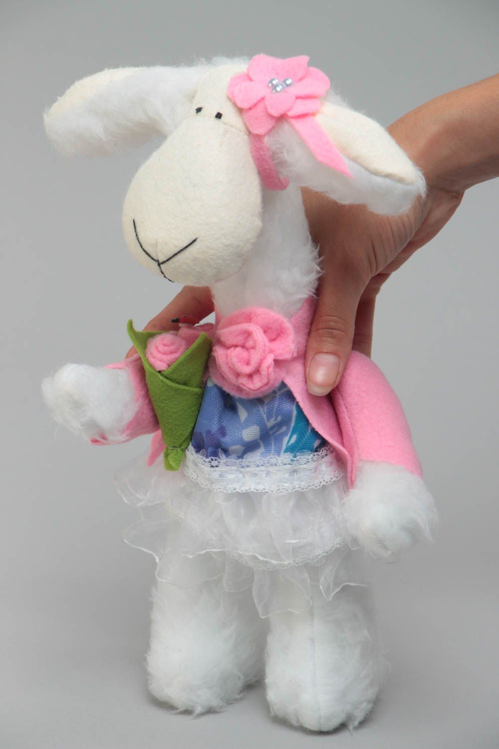Handmade designer soft toy sewn of faux fur cute lamb girl in pink jacket photo 5