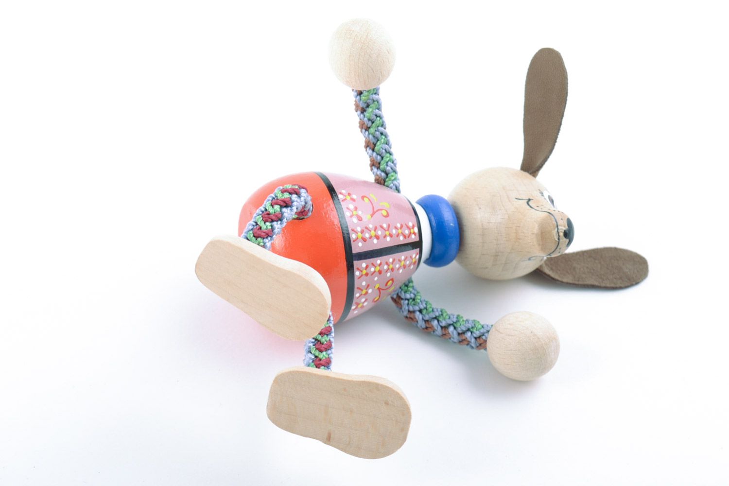 Homemade painted eco friendly wooden toy dog with cord paws for children photo 5