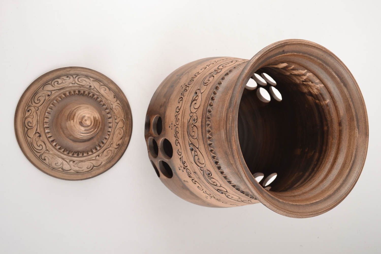 Frutero de cerámica con tapa hecho a mano hermoso recipiente de alfarería  foto 2