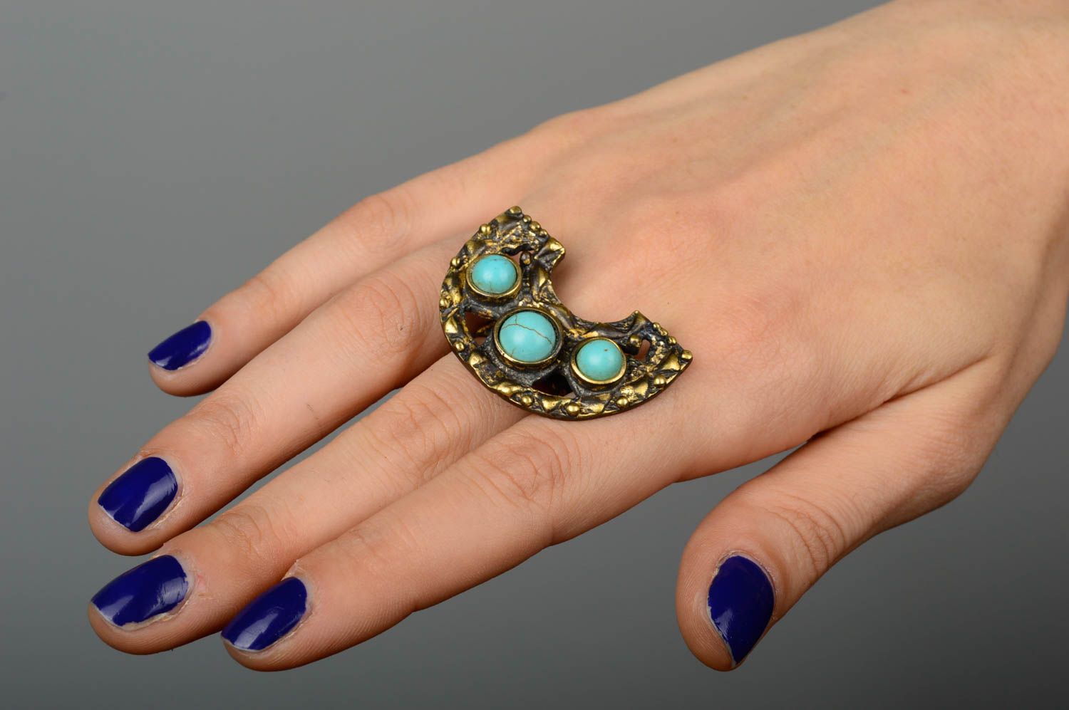 Handmade massive bronze ring jewelry with natural stone beautiful elegant ring photo 2