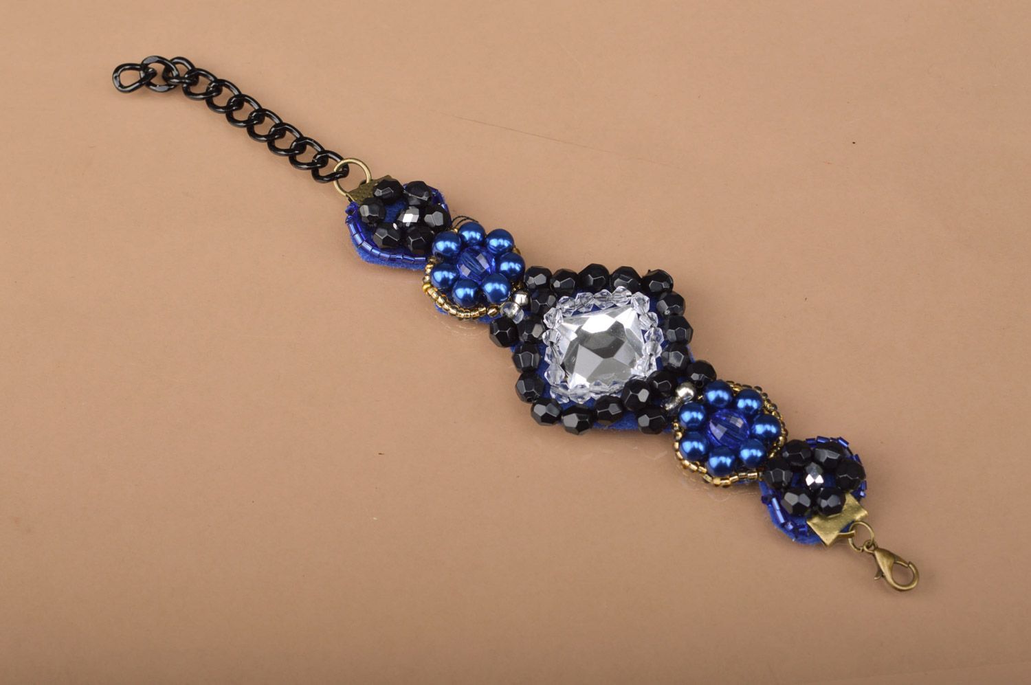 Elegant evening beaded wrist bracelet with chain in blue color palette handmade photo 2