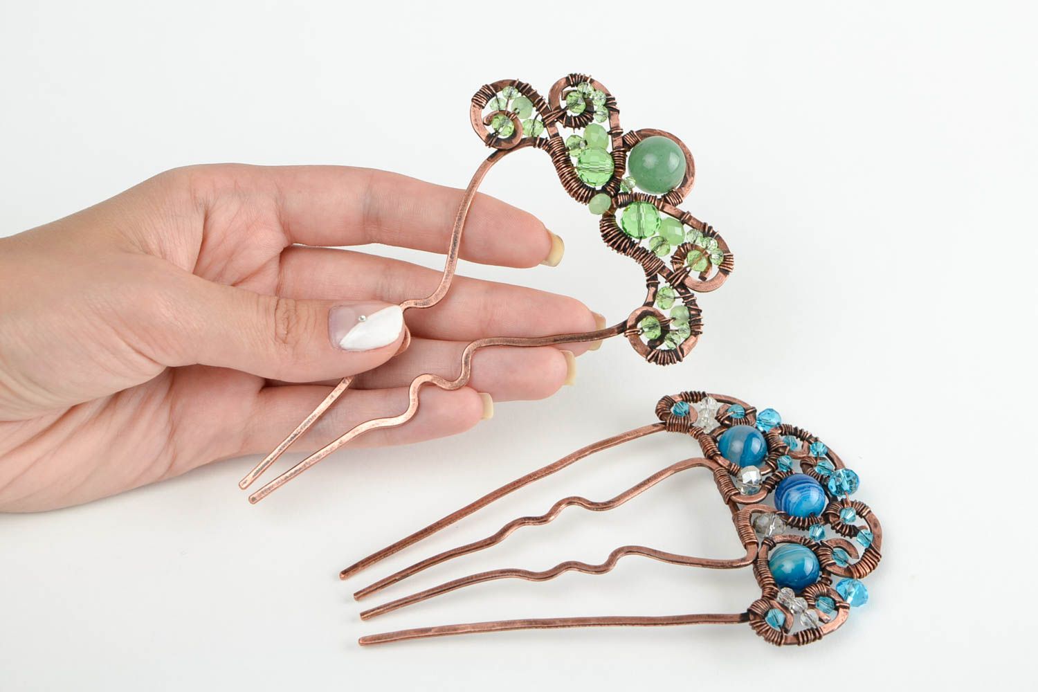 Handmade 2 Haarspangen mit Perlen blau grün Kupfer Schmuck Accessoires für Haare foto 2