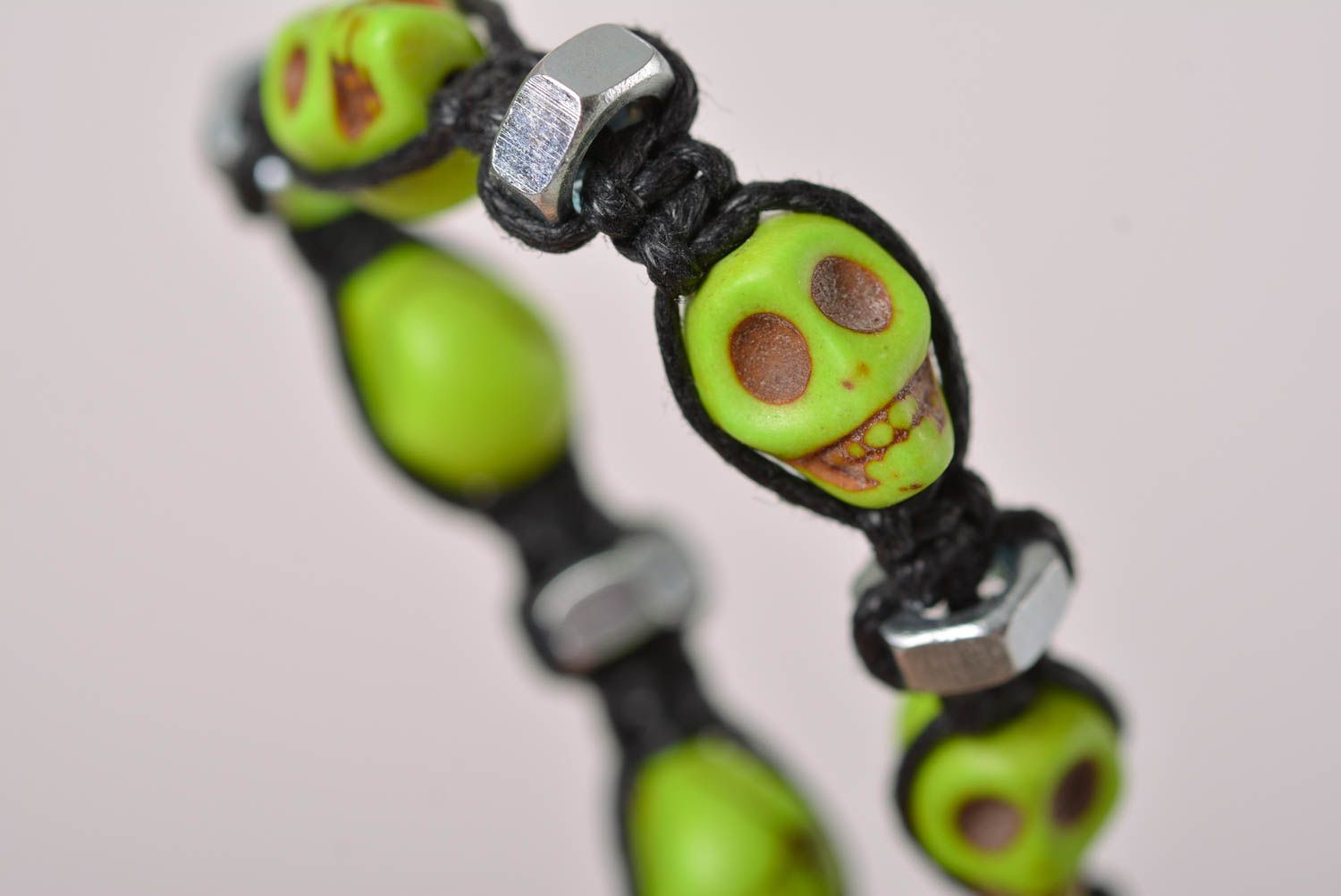 Handmade light green skull color beaded black cord bracelet with female screws photo 5
