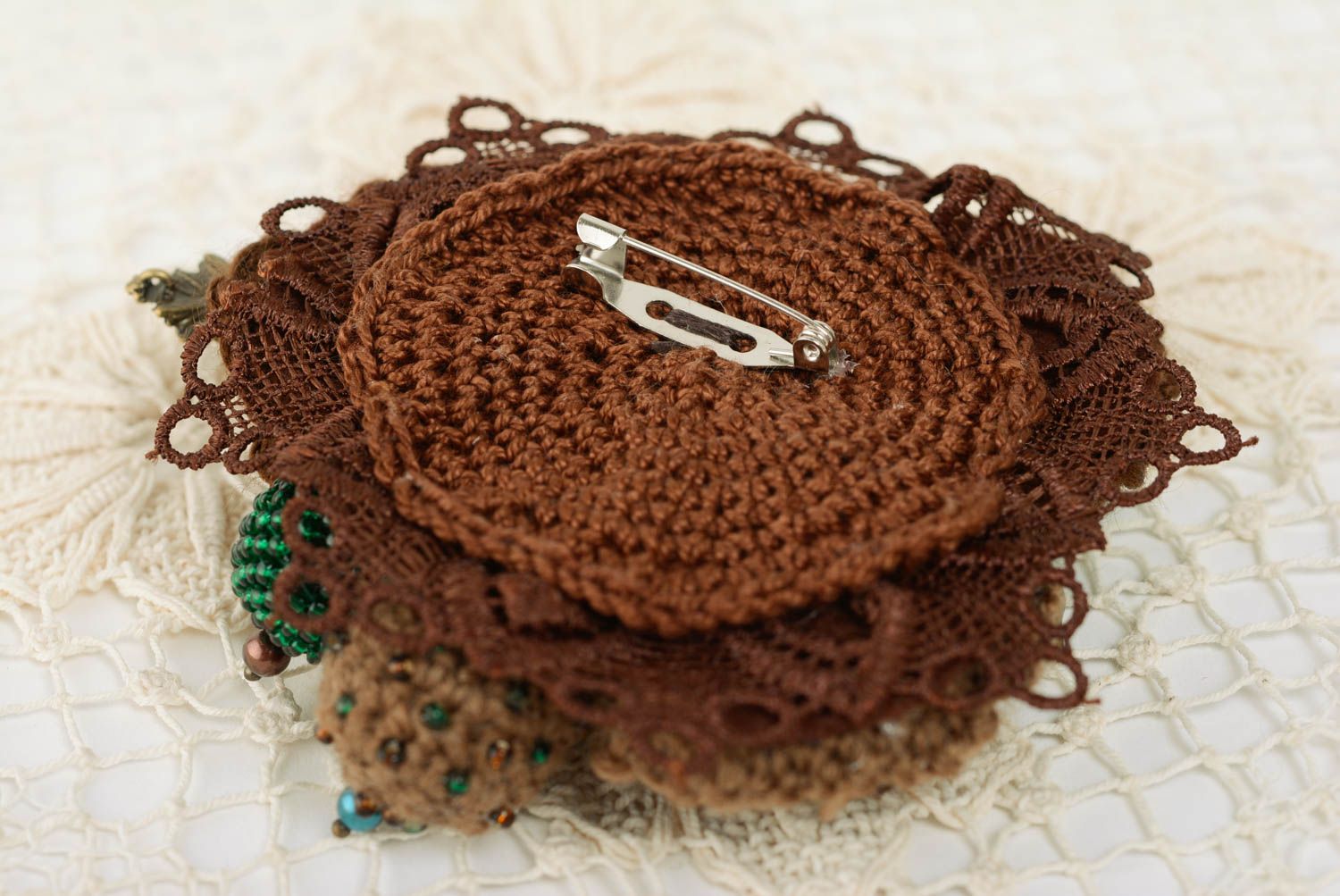 Handmade designer crochet brooch in brown and green colors with wooden beads photo 2