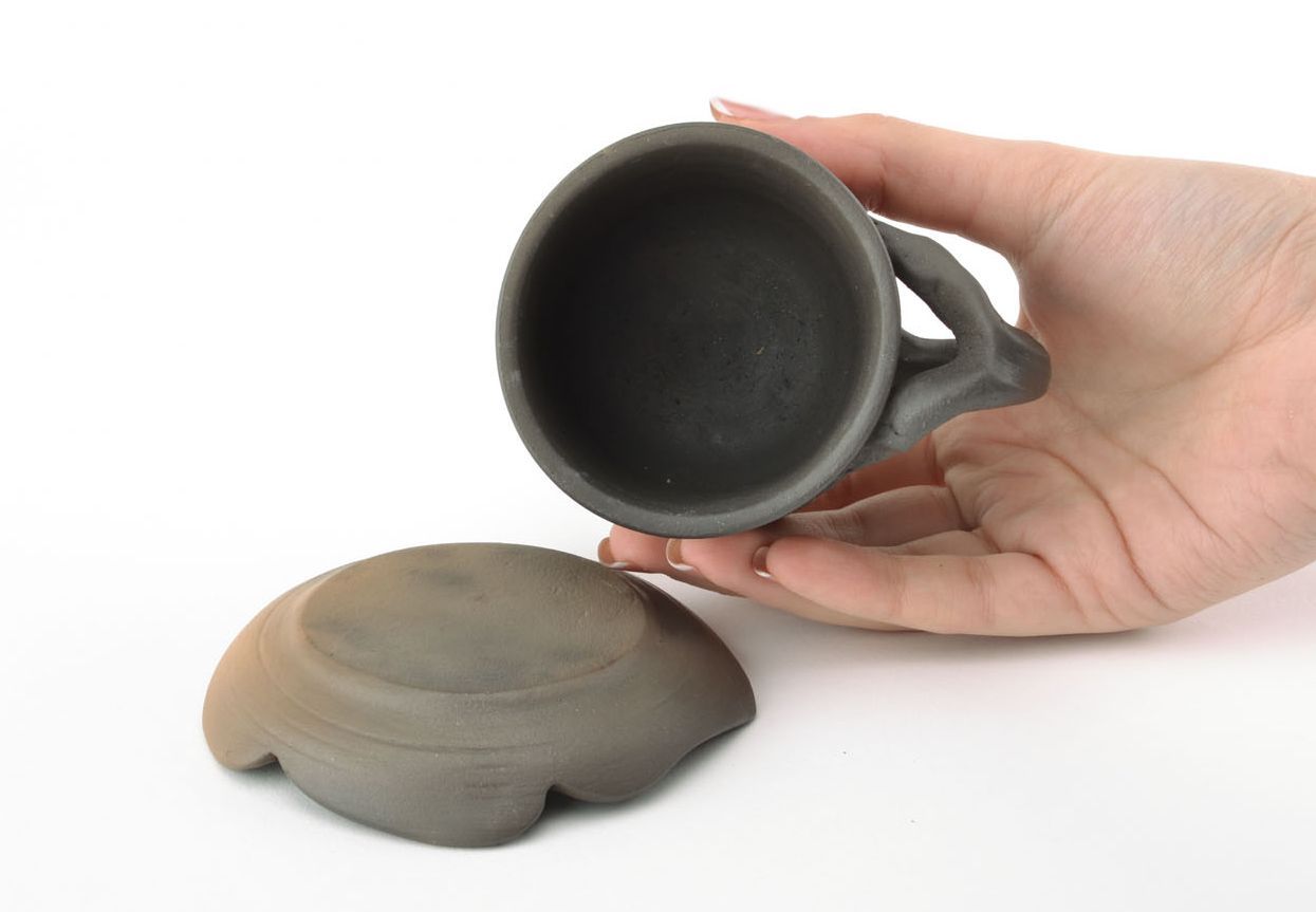 Black clay, not glazed drinking cup with saucer photo 6