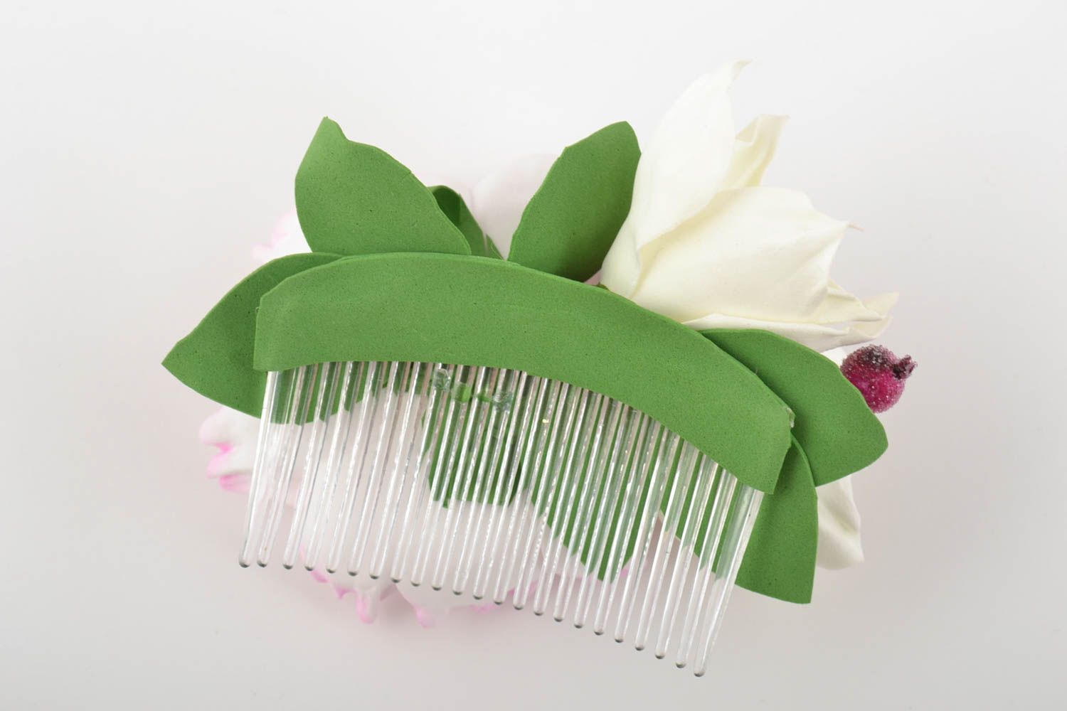 Гребешок для волос из фоамирана авторского дизайна с розовым цветком красивый фото 7