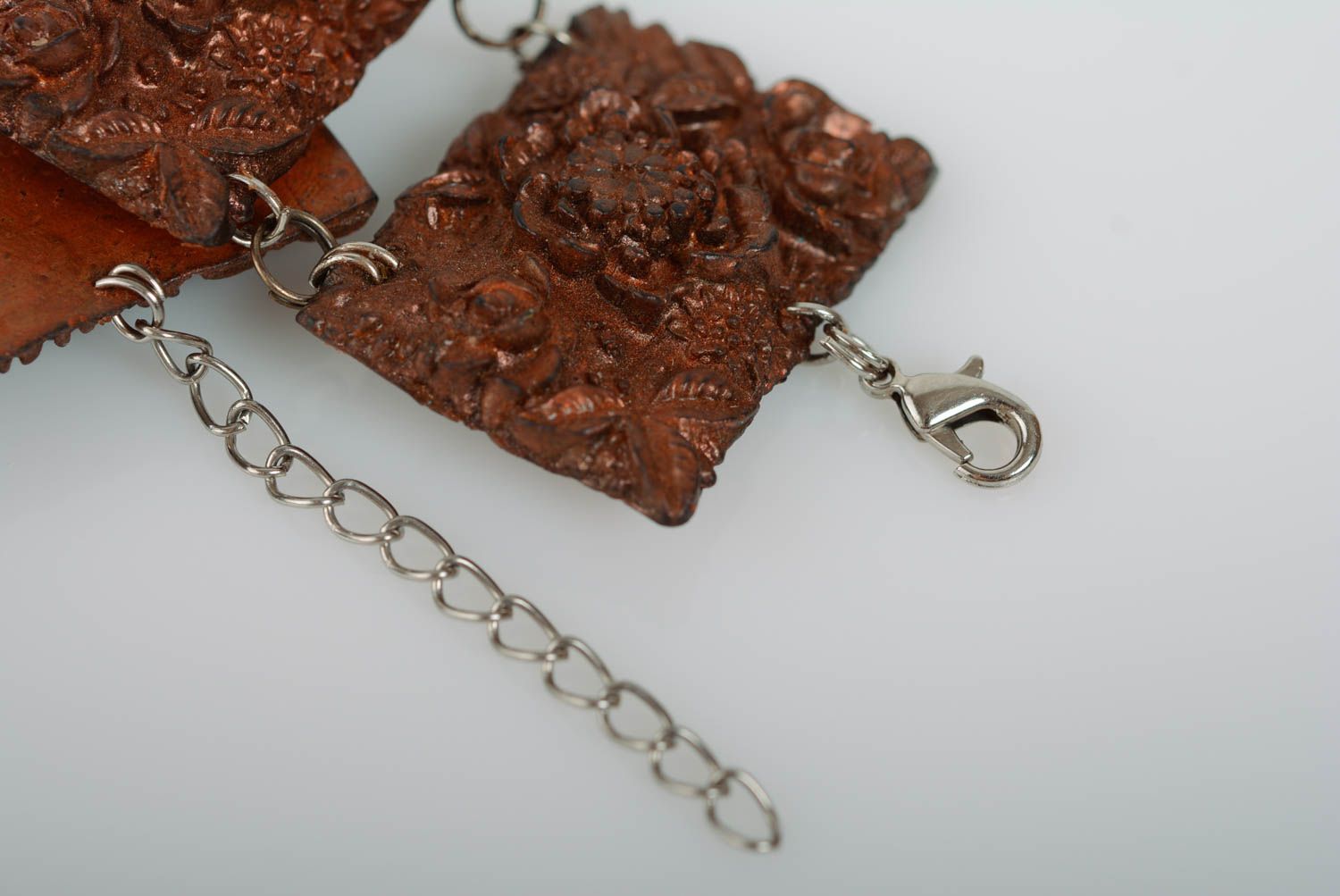 Handmade stylish wide polymer clay bracelet with flat beads photo 4
