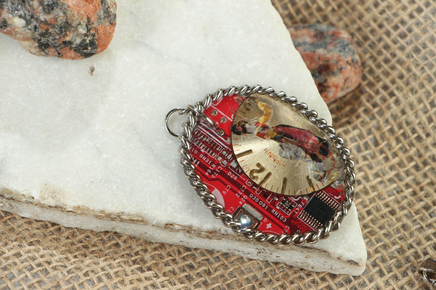 Red cyberpunk pendant with microchips photo 5