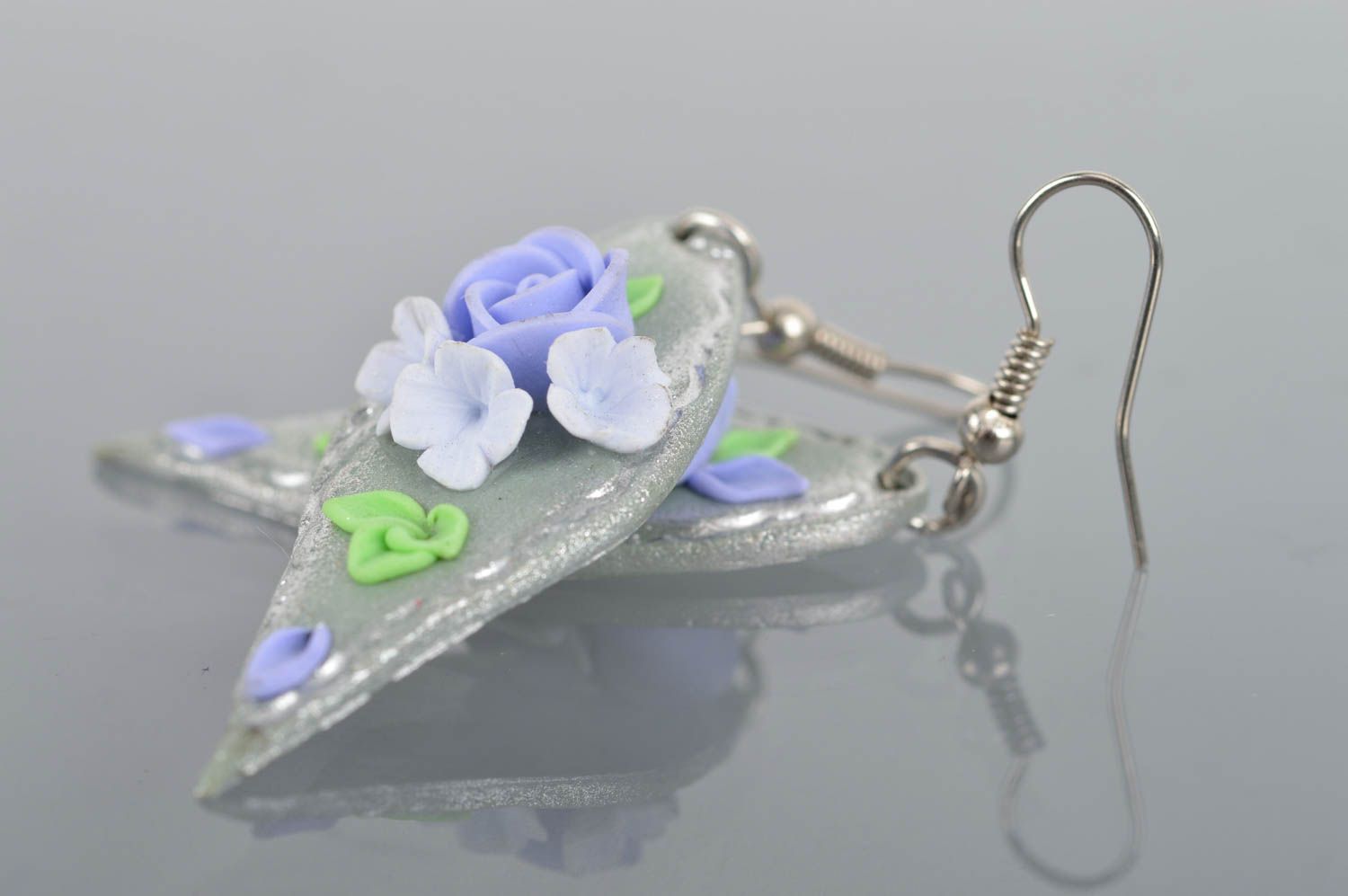 Long handmade drop earrings with flowers made of polymer clay for stylish women photo 5
