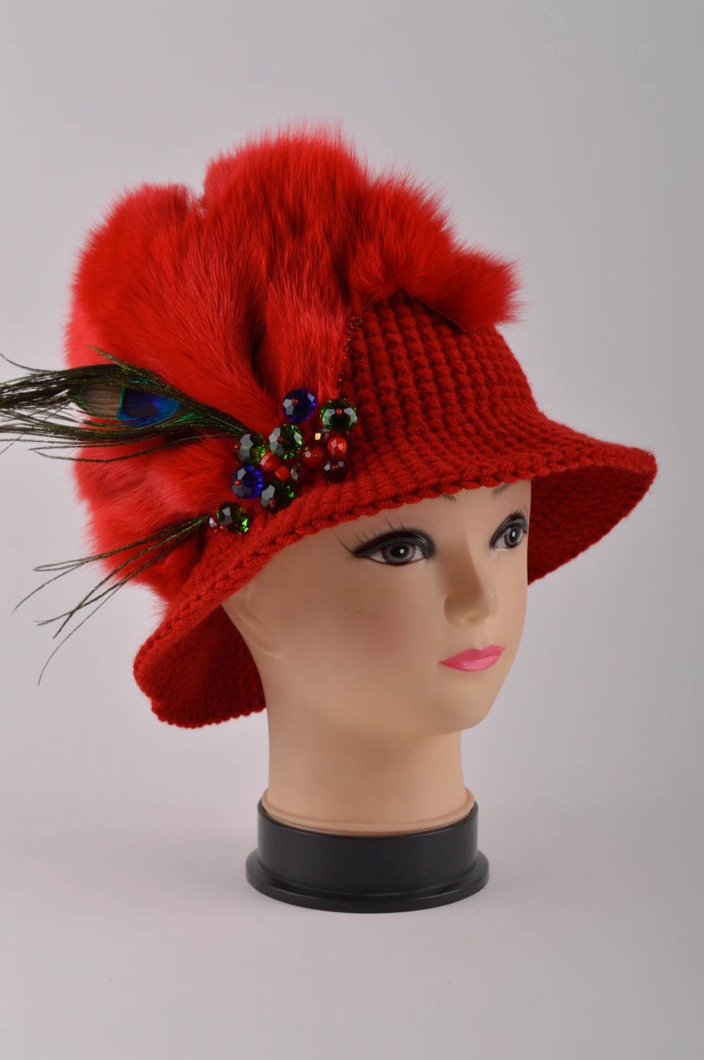 Вязаная шапка ручной работы шапка с мехом лисицы зимняя шапка красная шляпа фото 2