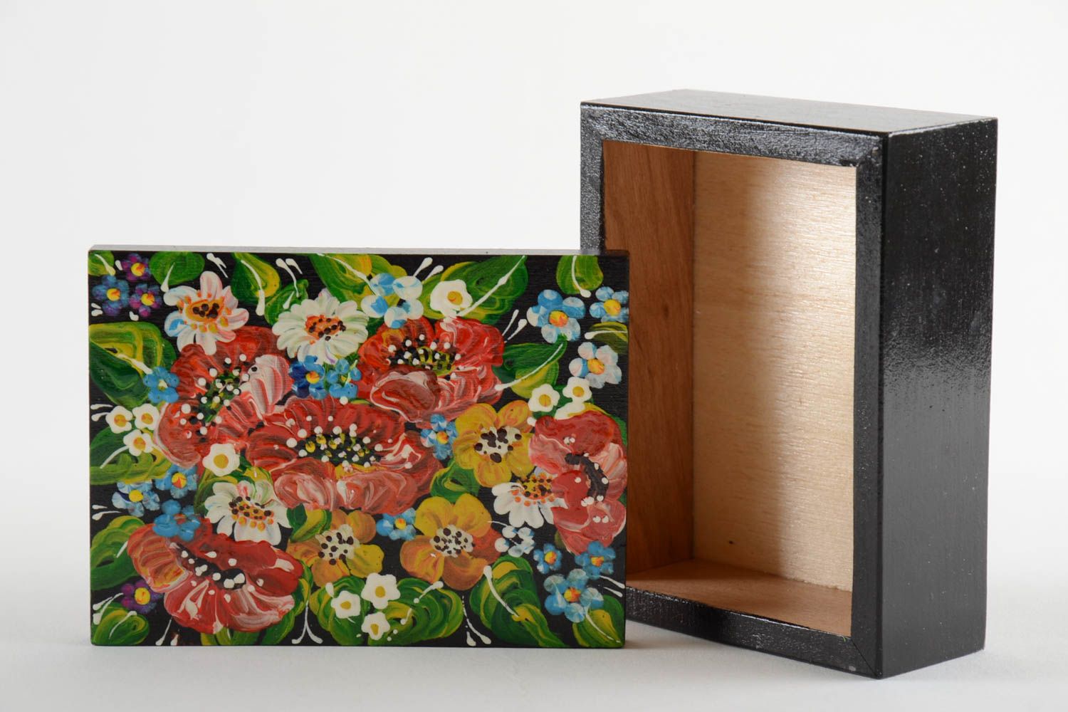 Beautiful rectangular handmade painted wooden jewelry box Petrikivka style photo 3