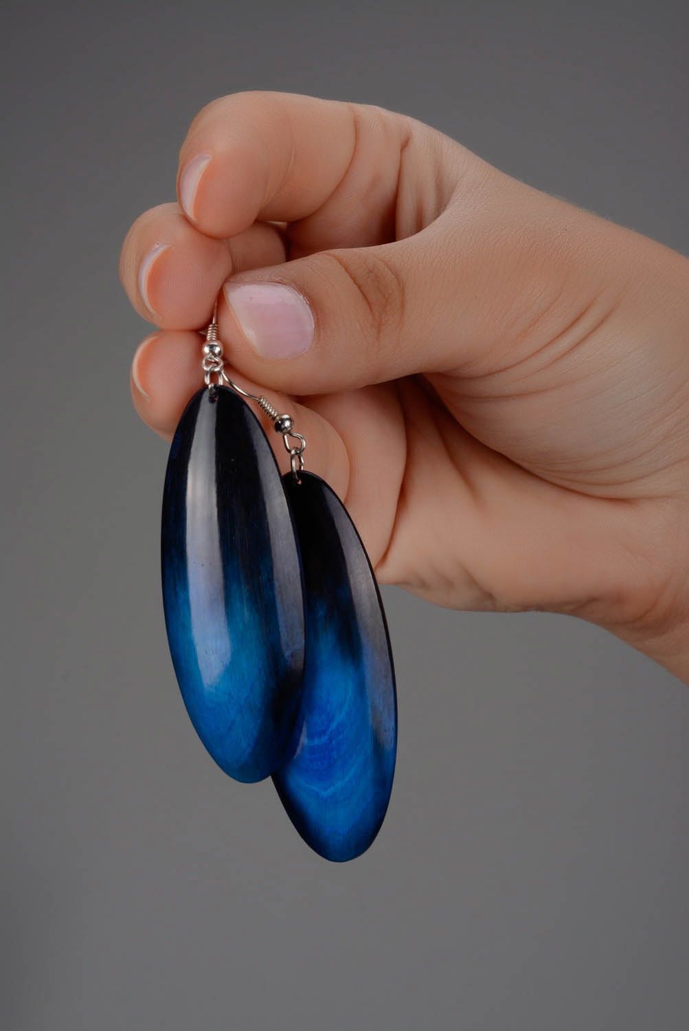 Blue long earrings made ​​of cow horn photo 5