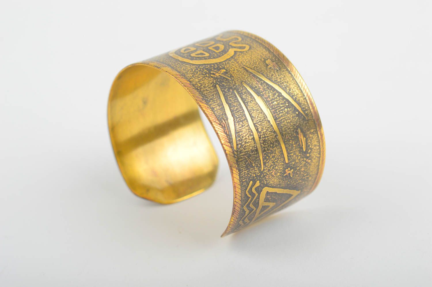 Handmade wide brass bracelet unusual bracelet with ornament designer jewelry photo 1