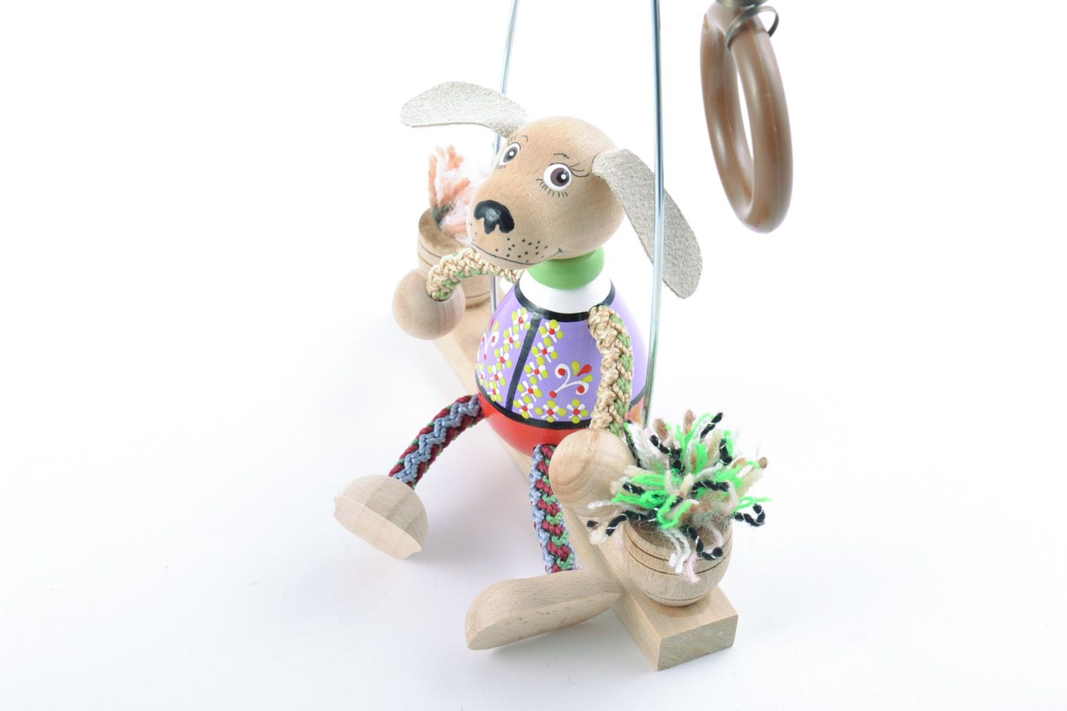 Small handmade wooden eco toy dog on swing for gift photo 4