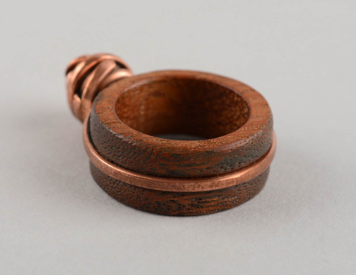 Extravagant cute jewelry handmade ring made of copper and wood for women photo 4