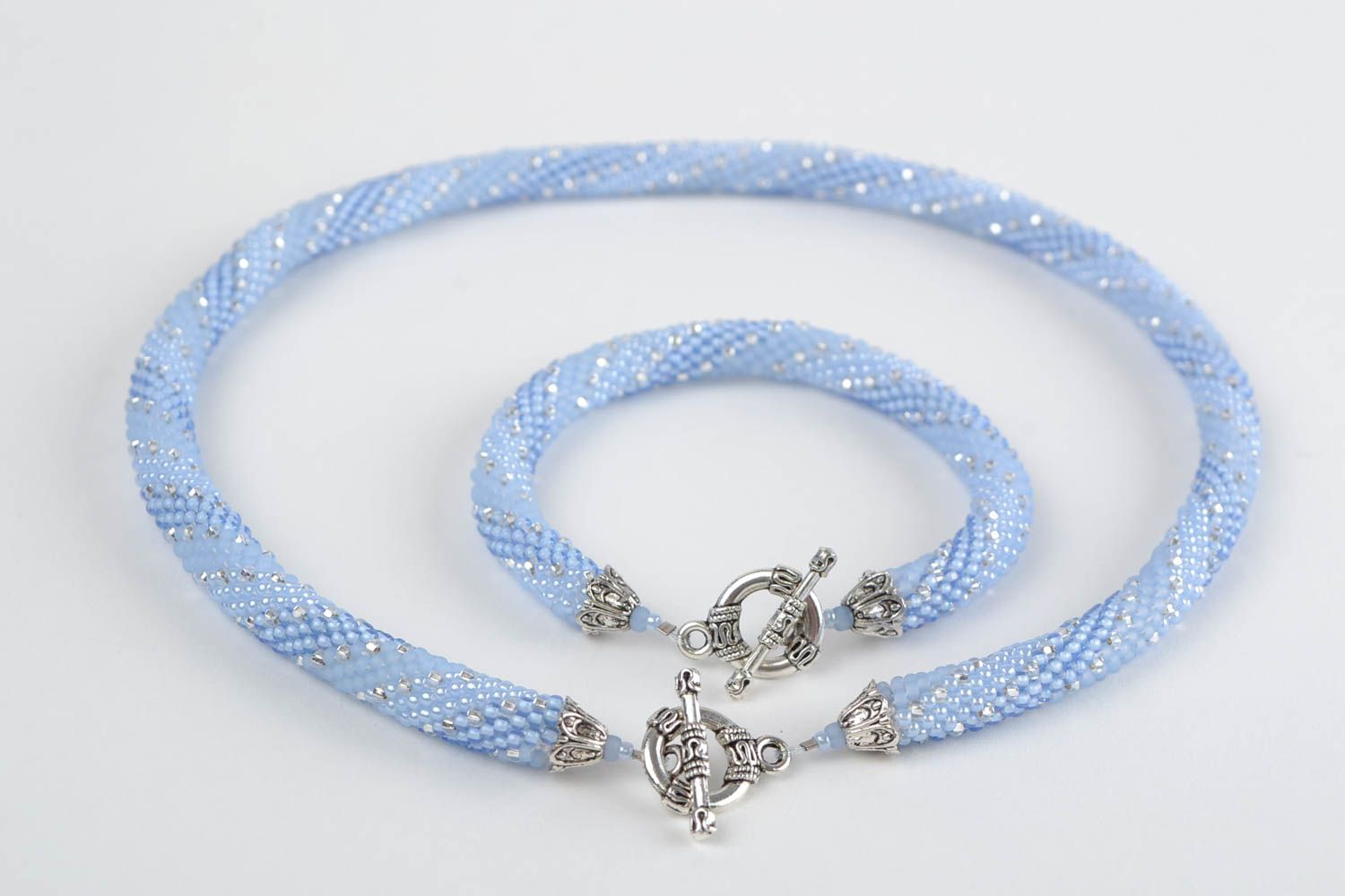 Handmade beaded cord and bracelet in blue color with metal fittings photo 5