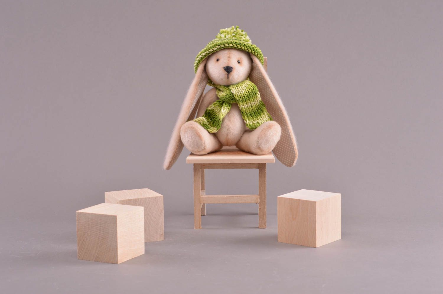 Faux fur rabbit with knitted hat and scarf handmade toy present for children photo 1