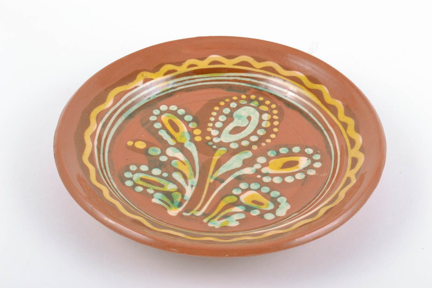 Beautiful handmade decorative brown clay wall plate with ornament photo 4
