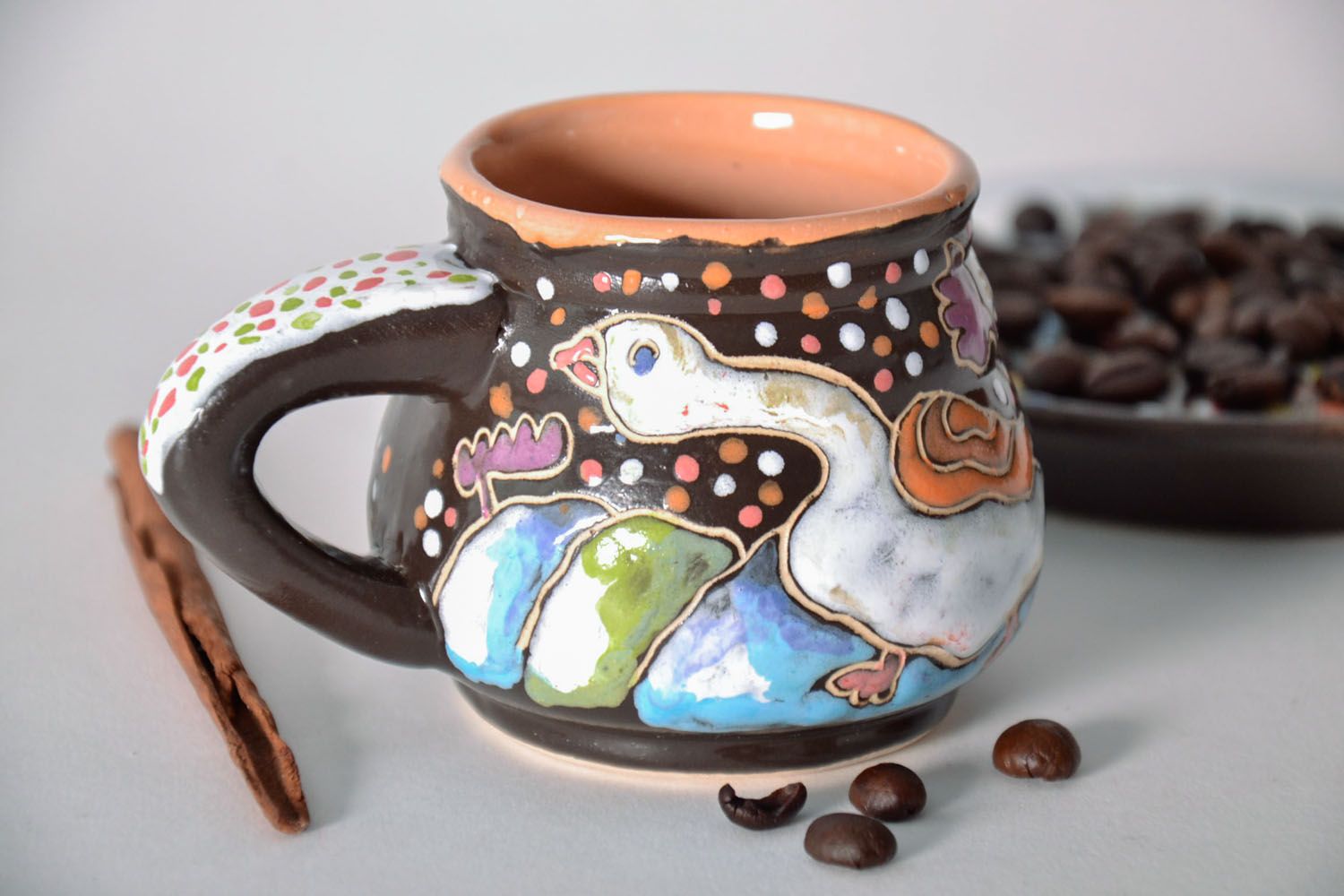 Handmade clay glazed cup with painting Geese and Swans, 6 oz and handle photo 1