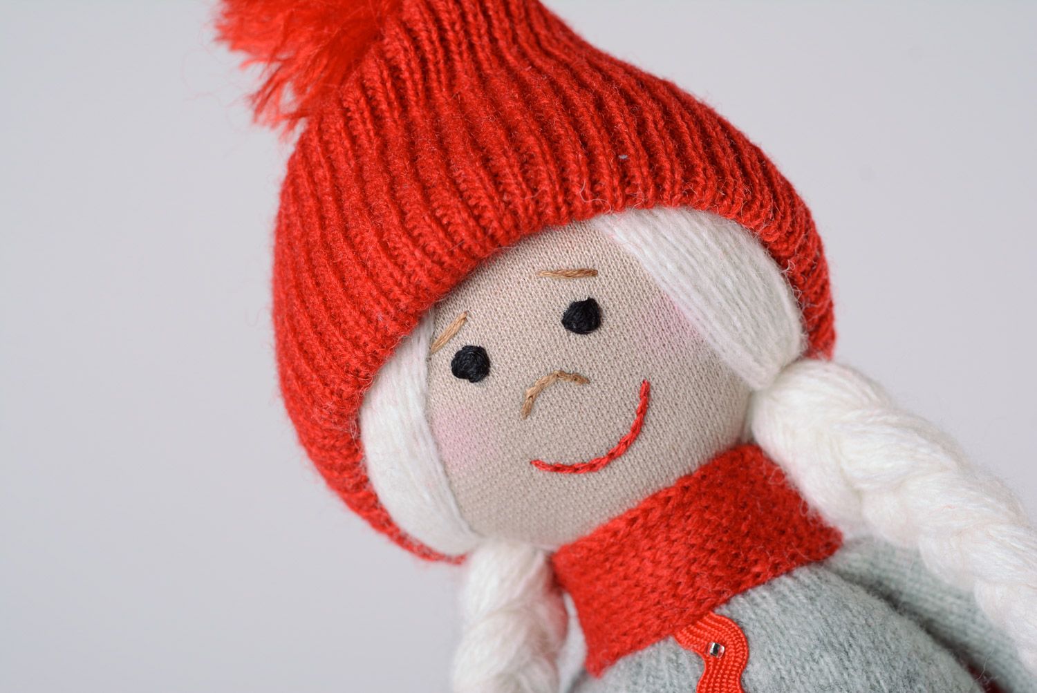 Small handmade cute doll sewn of fabric with red hat for little girls photo 2