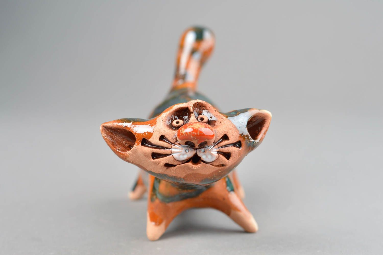 Глиняная статуэтка расписанная цветной глазурью хэнд мэйд Худой кот оранжевый фото 3