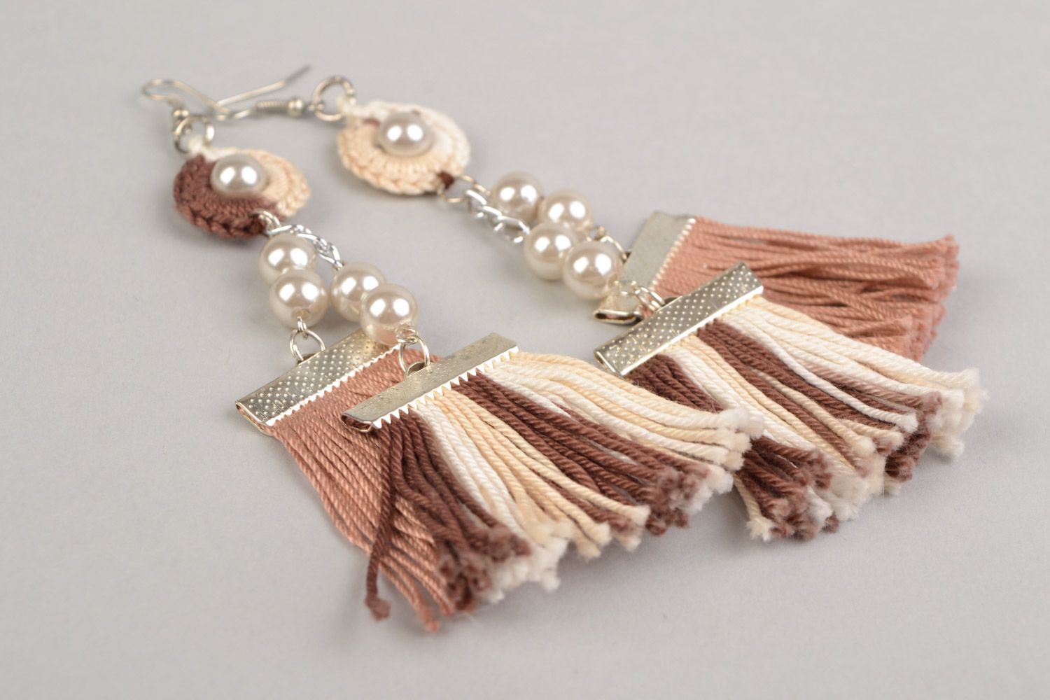 Handmade beige and brown long earrings woven of threads with beads for women photo 4