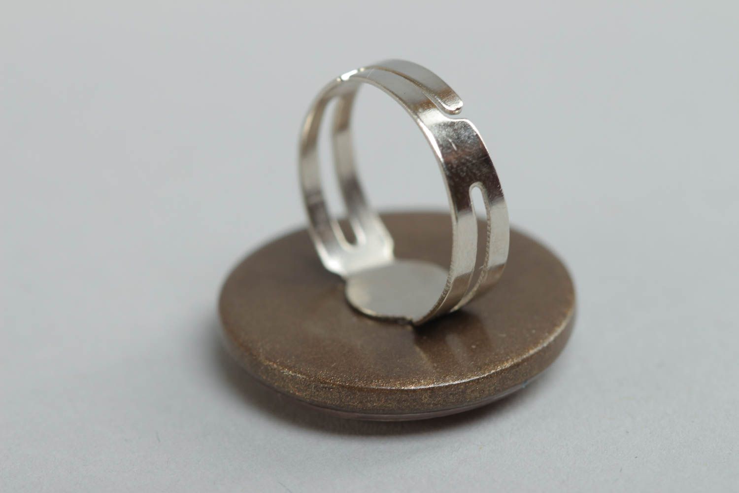Handmade designer round metal and glass glaze jewelry ring with clock image photo 4