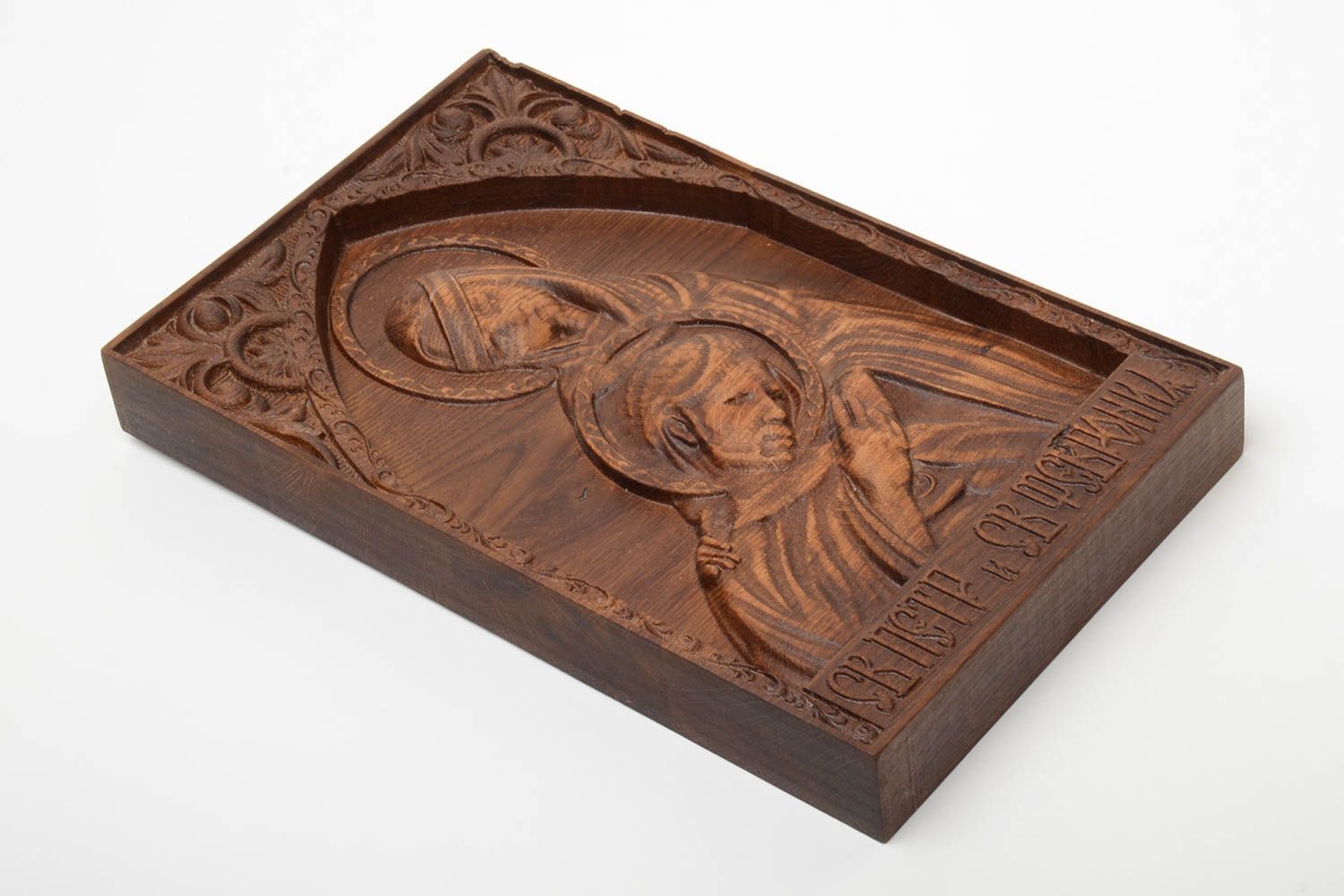 Handmade decorative wooden icon of St. Peter and Fevronia carved manually photo 2