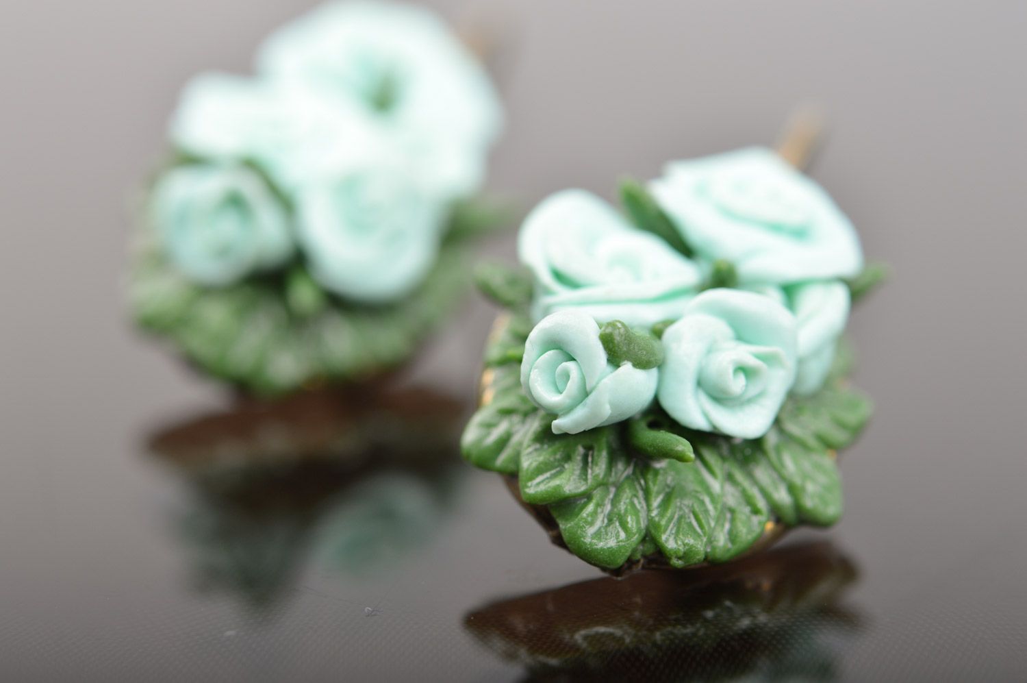 Elegant handmade polymer clay flower earrings of mint color photo 5