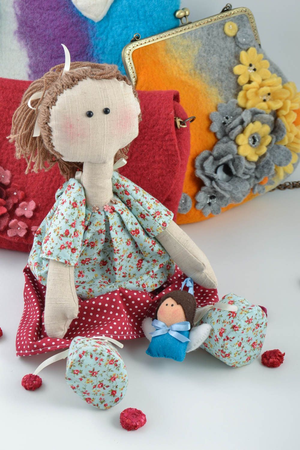 Unusual beautiful handmade fabric soft doll for children and interior decor photo 1