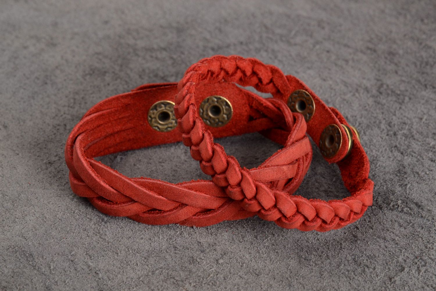 Set of handmade red genuine leather wrist bracelets 2 items photo 1