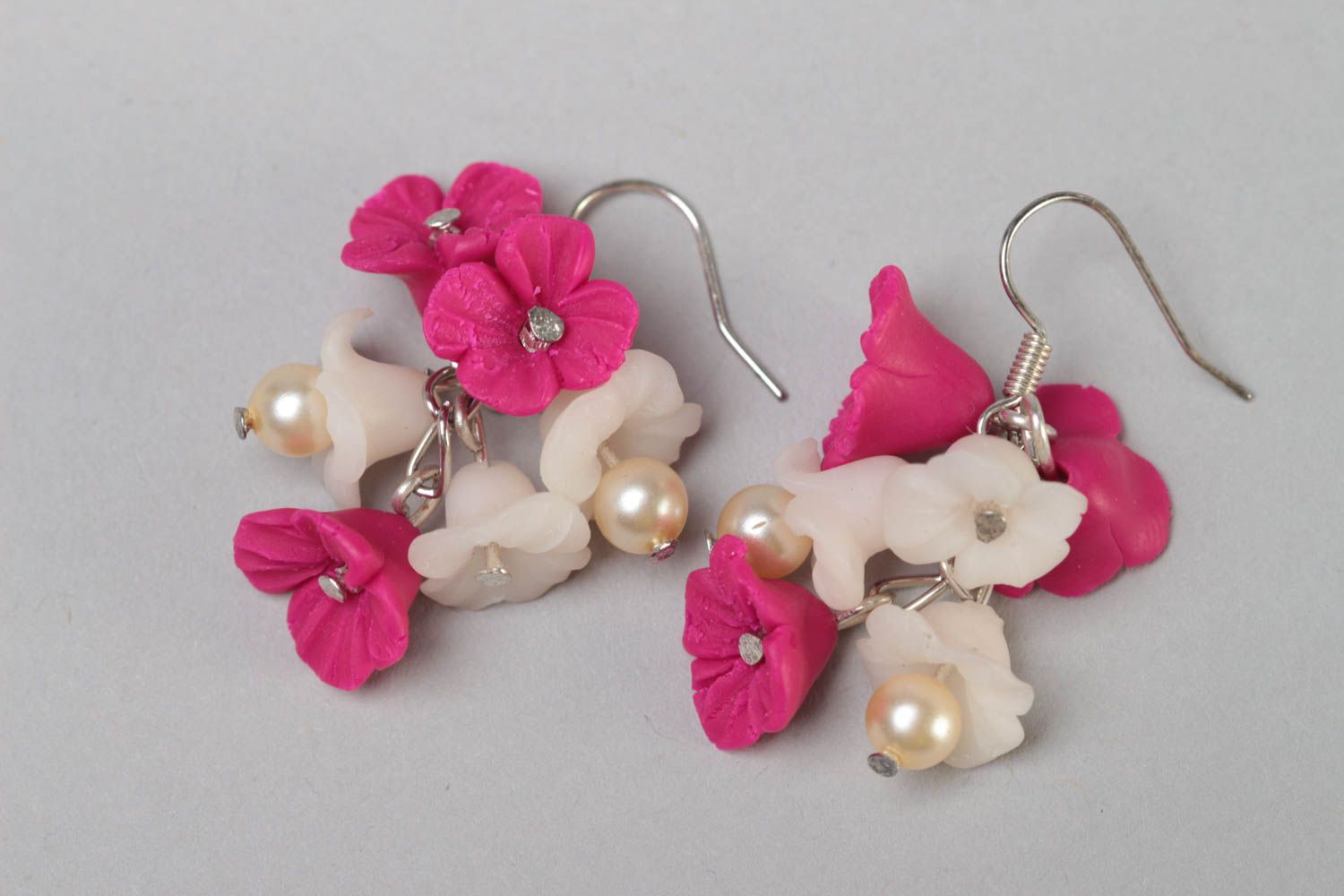 Handmade designer polymer clay floral dangling earrings in pink and milk colors photo 2