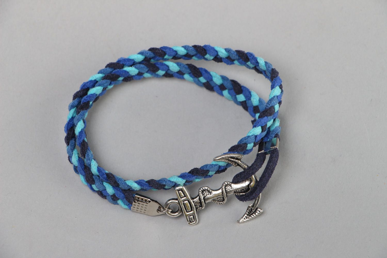 Handmade artificial leather marine charm bracelet in blue and dark blue colors photo 2