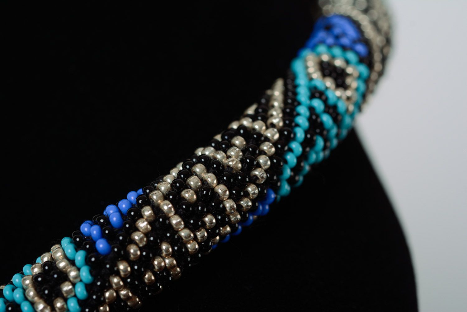 Evening handmade cord necklace woven of beads with ornament in blue color palette photo 4