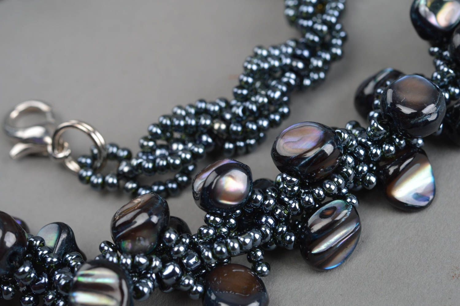 Beautiful black handmade designer beaded necklace with nacre evening jewelry photo 5