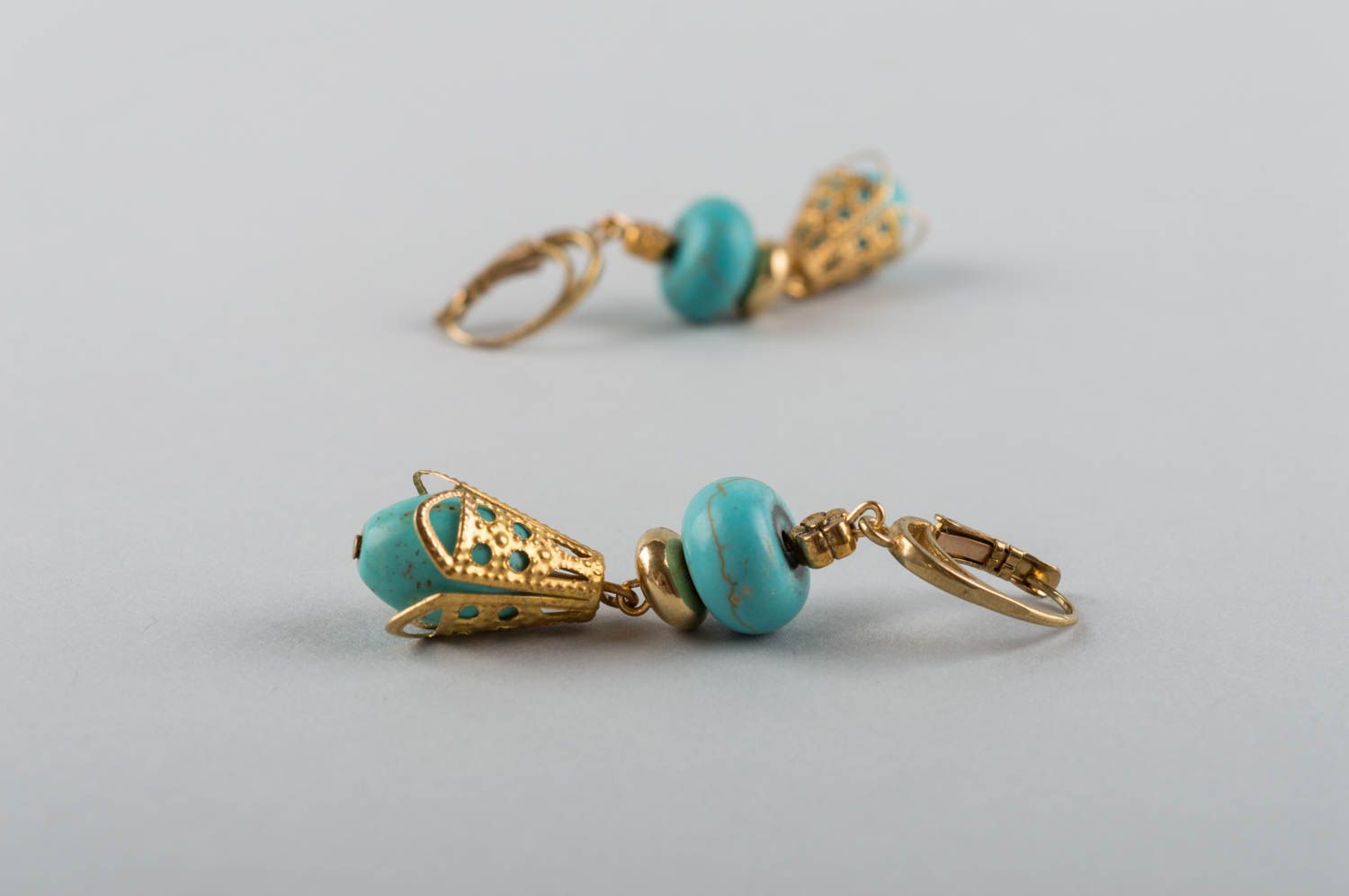 Handmade accessory made of natural stones earrings made of turquoise and brass photo 5