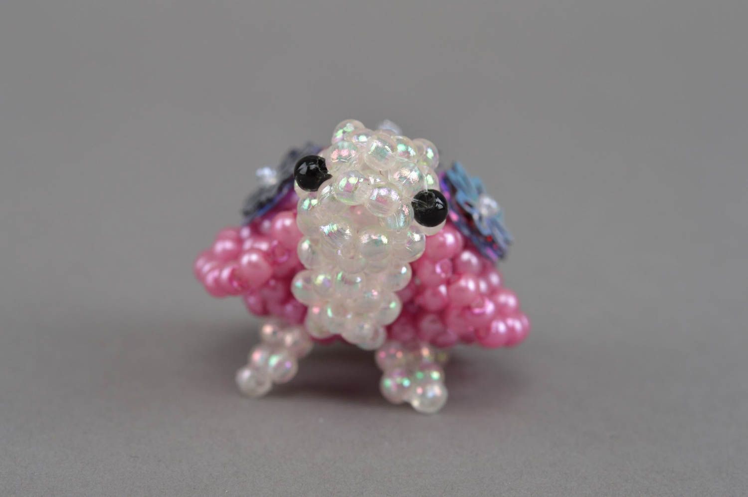 Handmade designer miniature bead woven figurine pink and white turtle photo 4