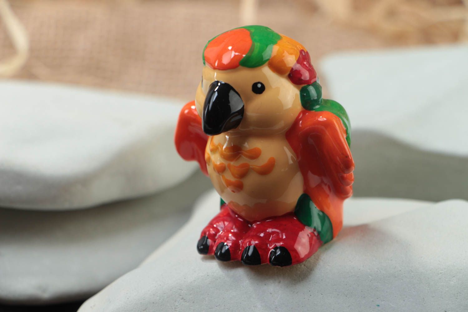 Beautiful small homemade designer plaster statuette with painting Parrot photo 1