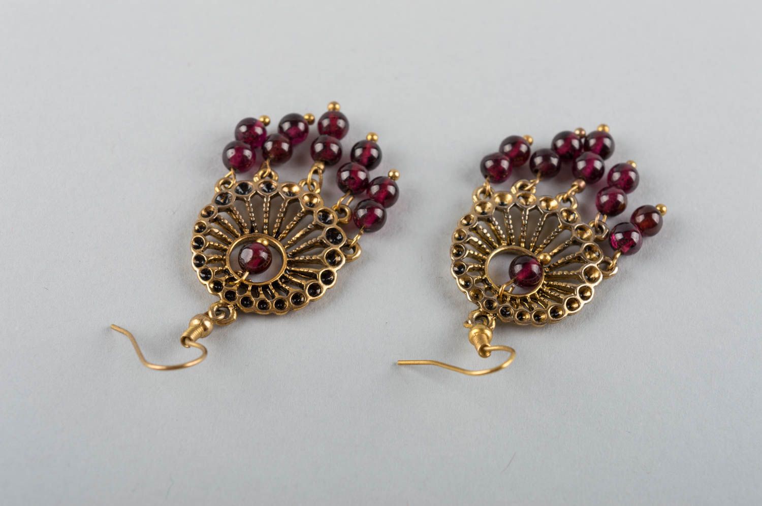 Unusual beautiful handmade metal earrings with natural garnet stone beads photo 4