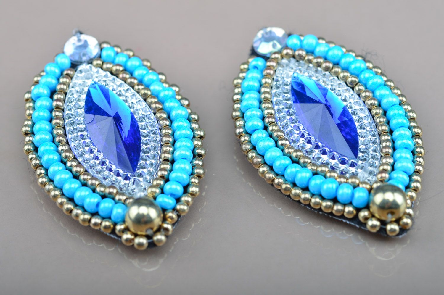 Handmade large stud earrings with beads and stones in blue color palette photo 1