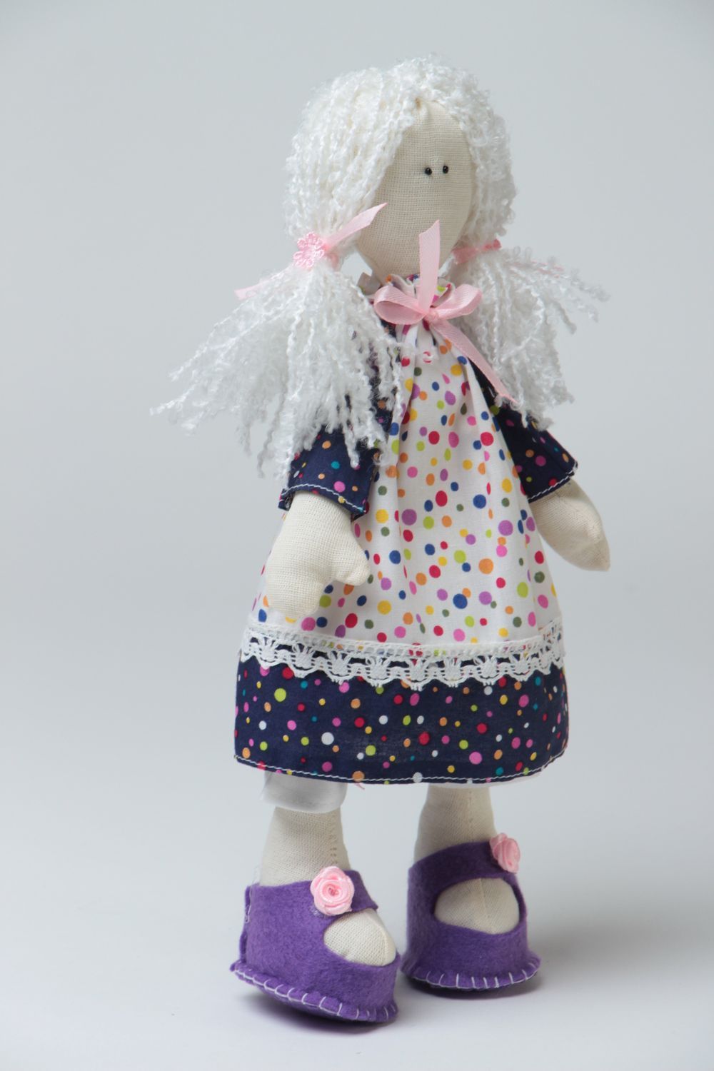 Handmade designer cotton soft doll girl in polka dot dress and violet shoes photo 2