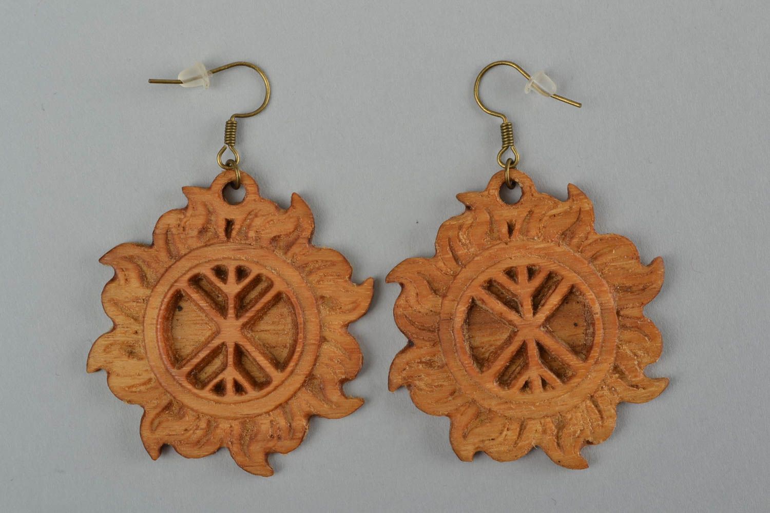 Handmade wooden dangle earrings with ancient Slavic symbol Tree of Life in Sun photo 3
