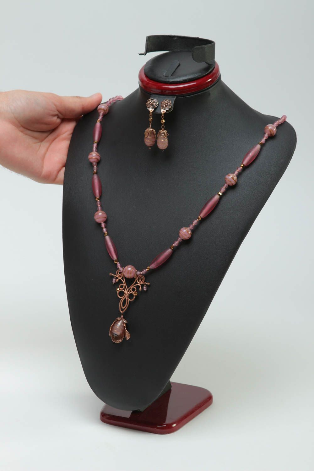 Handmade metal pendant metal earrings bead necklace wire wrap jewelry set photo 2